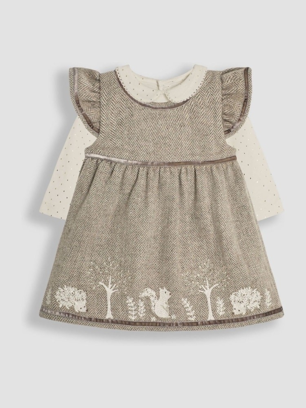 JoJo Maman Bebe Cream & Brown Herringbone Pinafore with Woodland Embroidery
